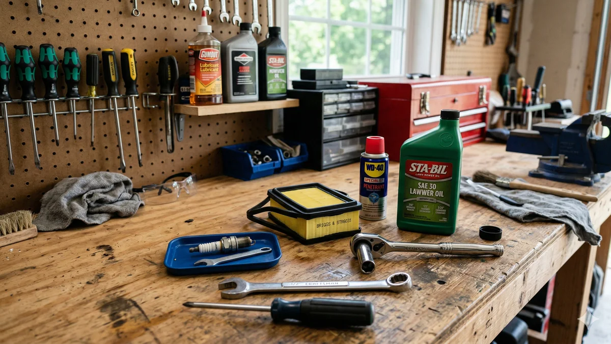 Outillage d'entretien de tondeuse pose sur une table de garage : cle, bougie, filtre a air, huile
