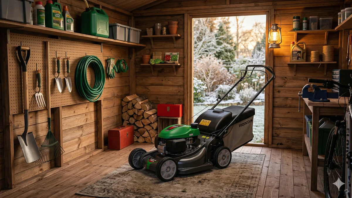 Tondeuse nettoyee et rangée dans un abri de jardin pour l'hiver, propre et bien entretenue