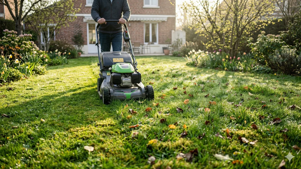 Tondeuse effectuant la première tonte de printemps sur une pelouse verte avec quelques feuilles mortes résiduelles