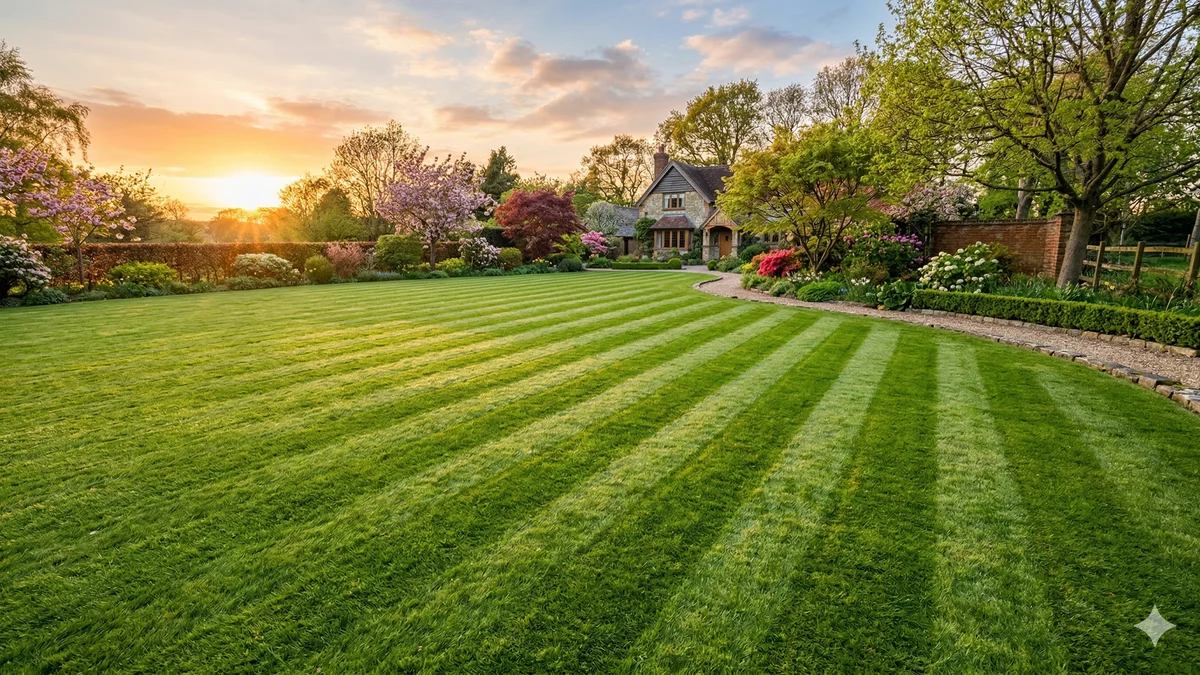 Pelouse parfaitement tondue au printemps avec des stries régulières en lumière dorée