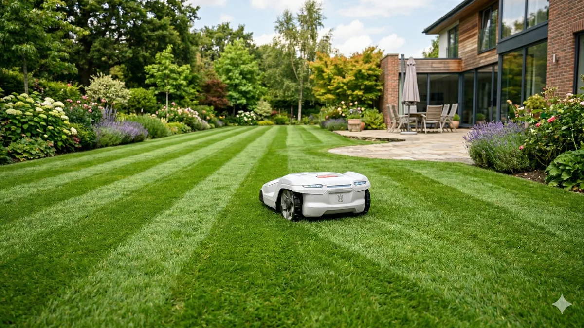 Robot tondeuse autonome sur une pelouse verte parfaitement tondue en milieu de journée