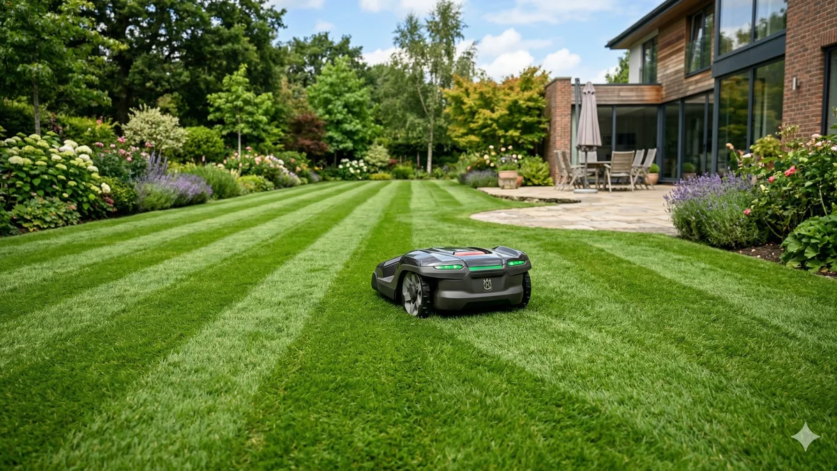 Robot tondeuse GPS sans cable naviguant en lignes paralleles sur une pelouse verte, sans fil perimétrique visible