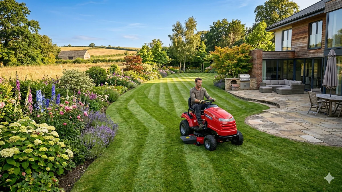 Tondeuse autoportee rouge sur une grande pelouse en pente douce en milieu de journée