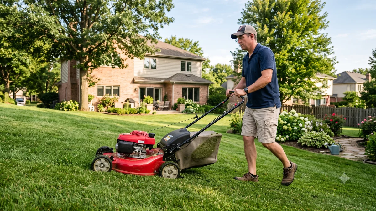 Tondeuse autotractée thermique rouge poussée par un jardinier sur une pelouse verte en pente douce