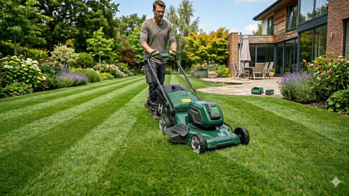 Tondeuse a batterie verte sur une pelouse résidentielle, sans fil, silencieuse