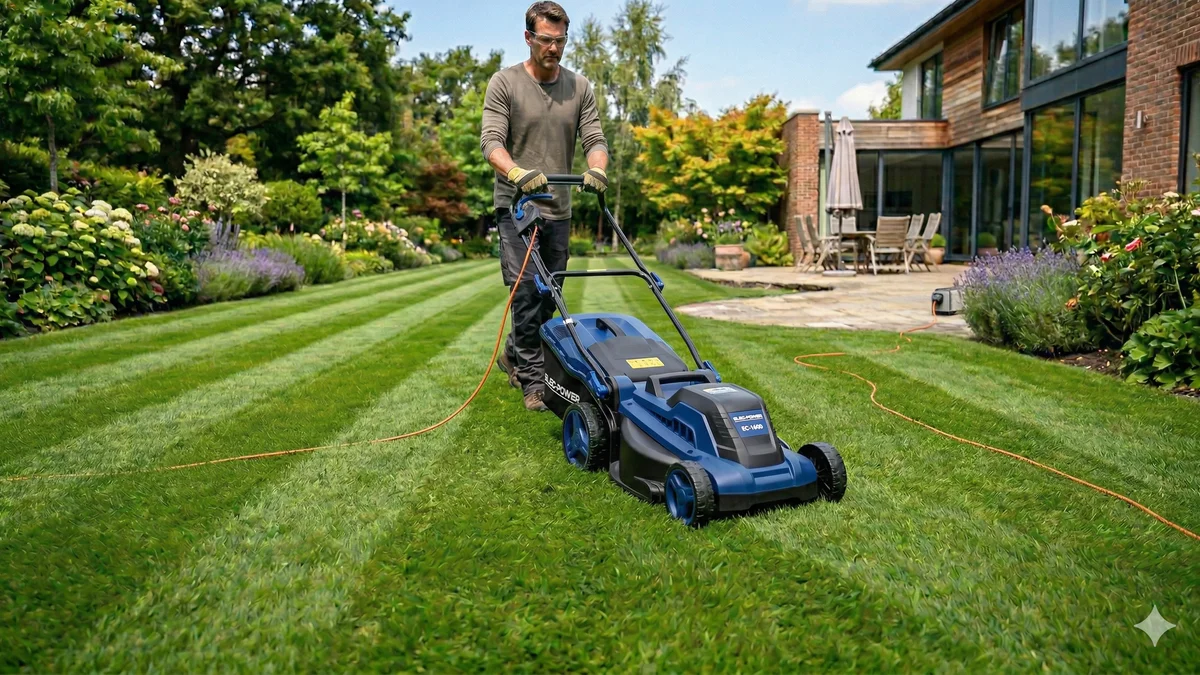 Tondeuse electrique filaire bleue et noire sur une petite pelouse de jardin résidentiel