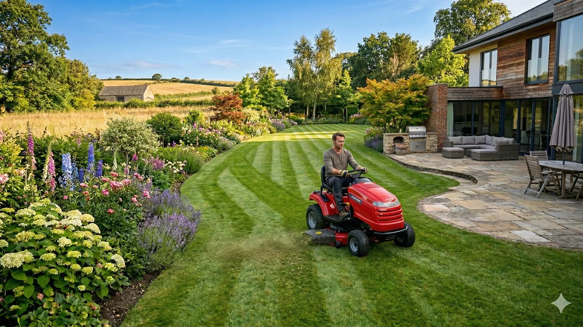 Tondeuse mulching en action sur une pelouse verte, rognures finement broyées restituées au sol