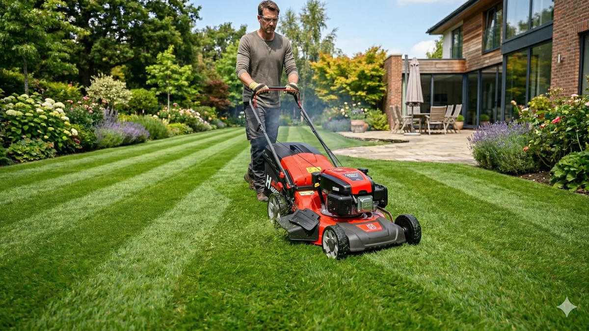 Tondeuse thermique autotractée rouge et noire en train de tondre une grande pelouse
